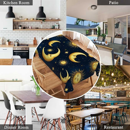 Swono Sun and Moon Table Cloth Gold Galaxy Sun Moon Rectangle Tablecloth Picnic Table Cover BBQ Table Cloths Polyester for Kitchen 50x72 Inch