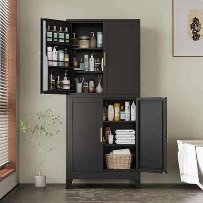 Black Pantry Storage Cabinet, 75" Kitchen Pantry with Doors and 3 Adjustable Shelves, Metal Freestanding Buffet Cupboards Sideboard, for Office, Home, Garage, School