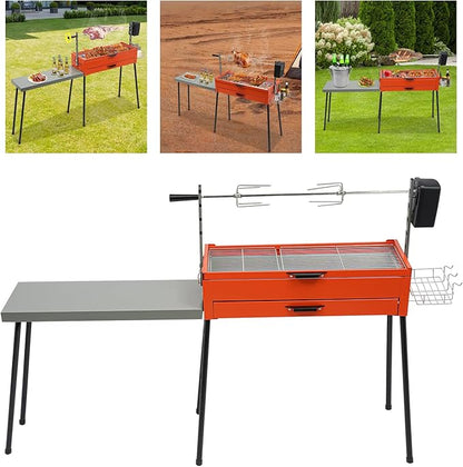 Portable Charcoal Grill Rotisserie Grill, Foldable Camping Barbecue Grill with Detachable Table and 4W Chicken Grill, Portable BBQ Grill for Barbecues, Parties, Camping