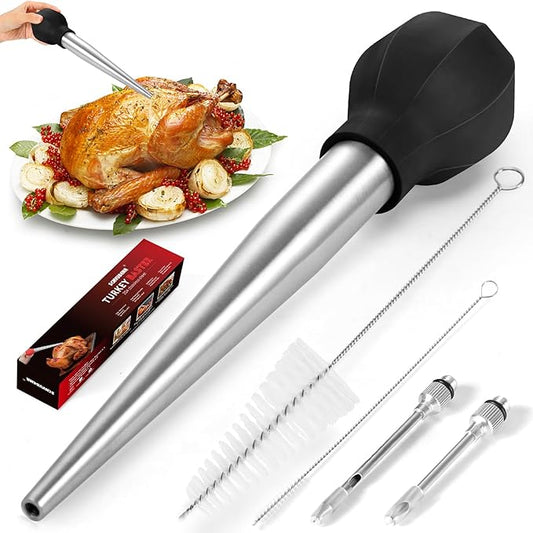 SCHVUBENR Large Turkey Baster with Cleaning Brush & Needle - Stainless Steel Baster Tool for Cooking - Easy to Use and Clean - Heavy Duty Baster Syringe - Thanksgiving, Christmas Essentials - Black