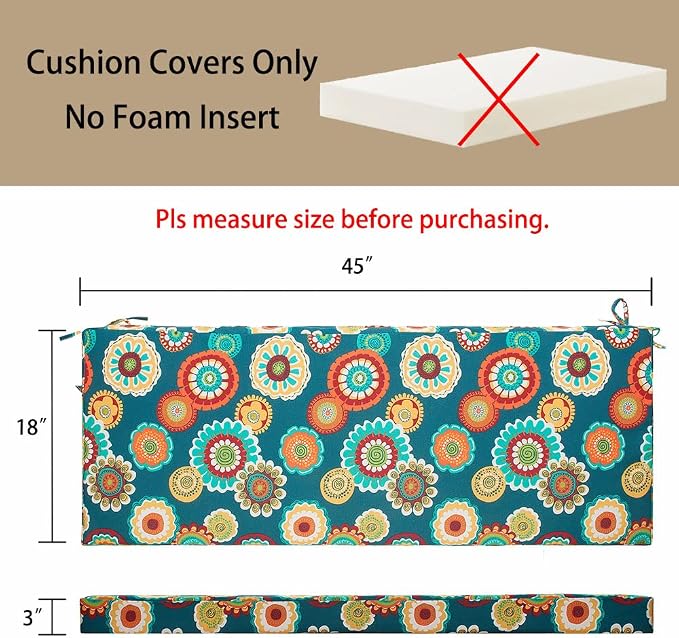 Magpie Fabrics Patio Bench Cushion Cover 45x18x3 Inch, NO Insert! Water Resistant Outdoor Loveseat Replacement Cover with Zipper (Floral Green)