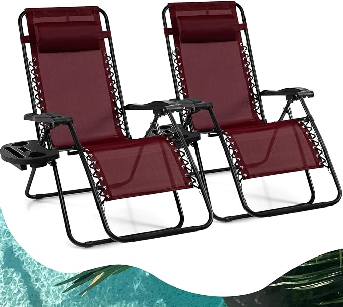 Goplus Zero Gravity Lounge Chairs, 160°Adjustable Folding Recliner w/Pillow and Cup Holder, 350LBS Comfy Outdoor Lounge Chairs for Patio, Lawn, Yard & Camp(Set of 2, Wine)