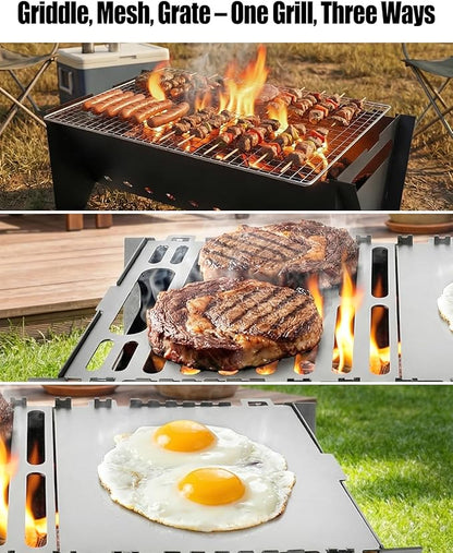 Camping Grill Portable Folding Charcoal Grills with Griddle Grill Grate and Wire Mesh, Compact Picnic BBQ Set for Outdoor Cooking Backyard Tailgating, Easy Setup Camp Gear