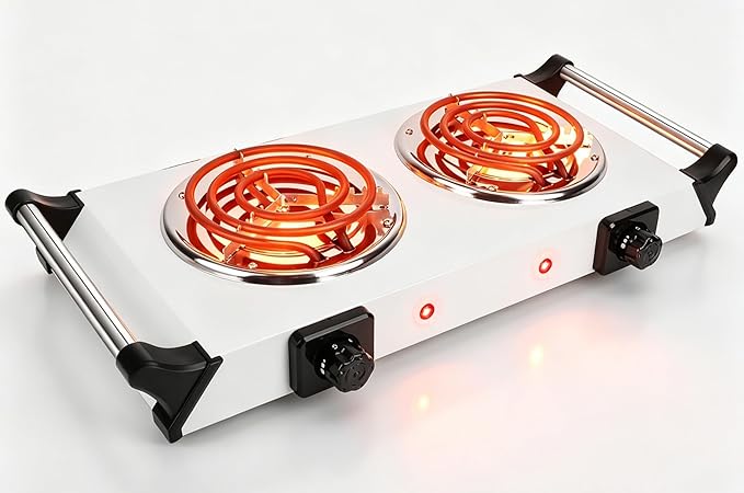Electric Hot Plate, 2000W Countertop Double Burner with Adjustable Temperature & Handles, Stainless Steel Coil Electric Stove for Cooking Cooktop for Home Kitchen Dorm RV Camp, White