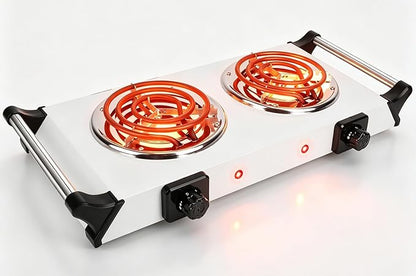Electric Hot Plate, 2000W Countertop Double Burner with Adjustable Temperature & Handles, Stainless Steel Coil Electric Stove for Cooking Cooktop for Home Kitchen Dorm RV Camp, White