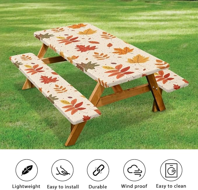 Picnic Table Cover for Outdoor Camping Maple Leaf Print Elastic Fitted Table Cloth for Camping Party Supplies 3 PCS Set
