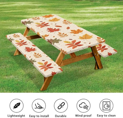 Picnic Table Cover for Outdoor Camping Maple Leaf Print Elastic Fitted Table Cloth for Camping Party Supplies 3 PCS Set