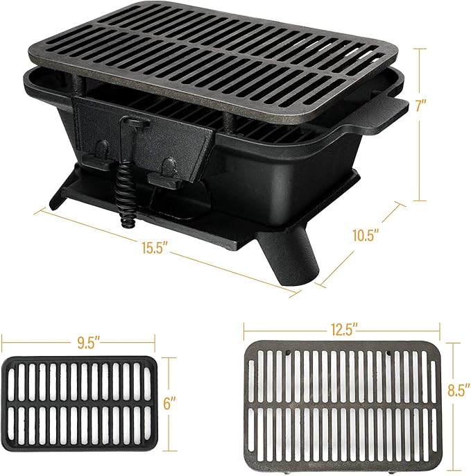Happygrill Charcoal Grill Portable Barbecue Smoker Grill, Cast Iron Hibachi Grill with Double-sided Grilling Net Air Regulating Door Fire Gate for Outdoor Cooking Camping Hiking Party