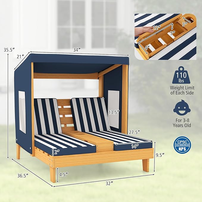 Kids Lounge Chair Outdoor, 2-Seat Toddler Patio Chair with Cushions, Cup Holders, Detachable Canopy, Wooden Double Chaise Lounge for Lawn, Pool, Garden, and Yard (Navy)