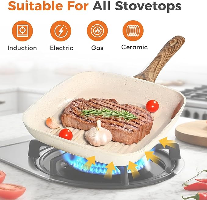3-Piece Nonstick Grill Pan Set, Square Griddle Pans with Wooden Handle, Compatible with All Stovetops, Ideal for Steak, BBQ & Vegetables, 9.5", 10.2", 11", White