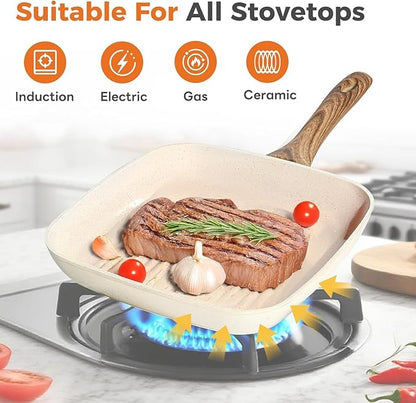 3-Piece Nonstick Grill Pan Set, Square Griddle Pans with Wooden Handle, Compatible with All Stovetops, Ideal for Steak, BBQ & Vegetables, 9.5", 10.2", 11", White