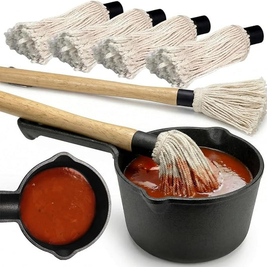 Eorbow 7 Pack Cast Iron Sauce Pot and BBQ Mop Brush Set, 13.5 OZ Small Basting Pot & Sauce Mop for Grilling, 2 Long Handle BBQ Mop with 4 Replacements, Barbecue Tool Set for Meat Smoker Stove