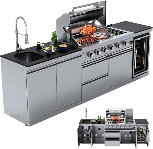 104" Modular Outdoor Kitchen Island, 75,300 BTU 6-Burner 304 Stainless Steel Propane Gas Grill, Prefab BBQ Island Station with Side Burner, Rotisserie Kit, 68L Fridge, Sink & Granite Countertops