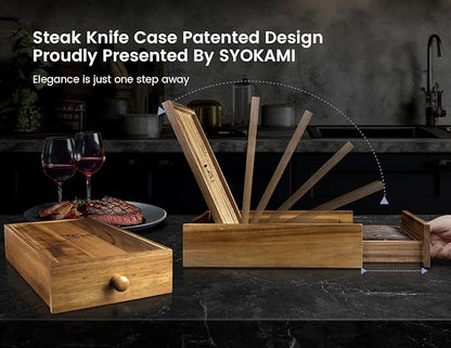 SYOKAMI Steak Knives Set of 6 with Drawer Organizer, 4.8 Inch High Carbon Japanese Style Non Serrated Meat Knife with Wood Handle, Damascus Pattern Full Tang Design, Razor-Sharp Dinner Knives