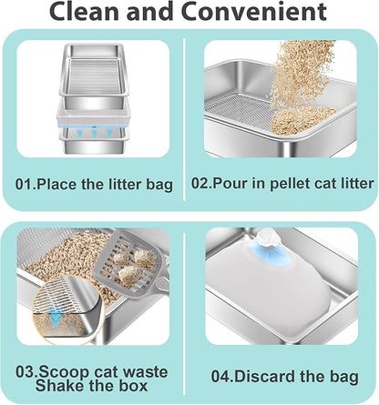 Stainless Steel Sifting Litter Box for Pine Pellets,Sifting Cat Litter Box for Wood Pellets,Extra Large Sifter Litter Pan System with Litte Liners and Scoop-20 ''Lx 13.8''W x 6''H