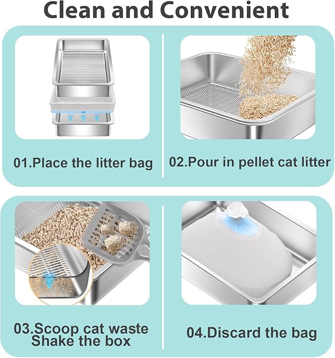 Stainless Steel Sifting Litter Box for Pine Pellets,Sifting Cat Litter Box for Wood Pellets,Large Sifter Litter Pan System with Litter Liners and Scoop-17.72'' L x13.78'' W x6''H