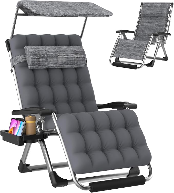 Suteck Zero Gravity Chair with Canopy,33In XXL Oversized Lounge Chairs | w/Removable Cushion&Headrest, Upgraded Lock and Footrest, Folding Reclining Patio Chairs Recliner for Indoor Outdoor
