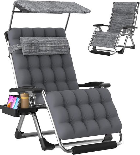 Suteck Zero Gravity Chair with Canopy,33In XXL Oversized Lounge Chairs | w/Removable Cushion&Headrest, Upgraded Lock and Footrest, Folding Reclining Patio Chairs Recliner for Indoor Outdoor