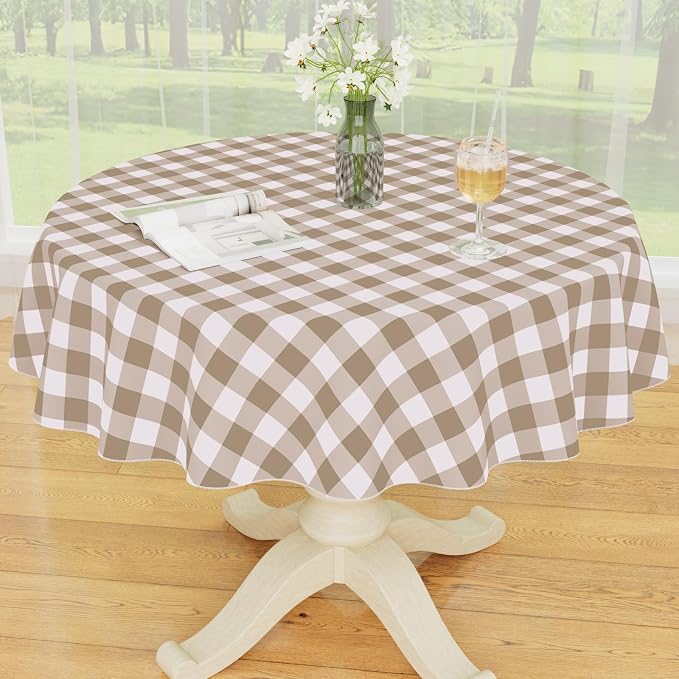 Smiry Picnic Table Cloth, Vinyl Tablecloths with Flannel Backing, 60" Round | Waterproof Picnic Table Cloth, Wipeable Buffalo Plaid Table Cover for Indoor and Outdoor (Khaki & White)