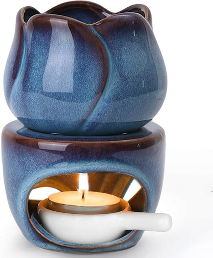 ComSaf Ceramic Essential Oil Burner, Reactive Glaze Aromatherapy Diffuser, 180ml Sculptural Wax Melt Warmer with Pull-Out Tea Light Tray, Artisan Pottery-Style Oil Warmer, Decorative Ambient Lighting