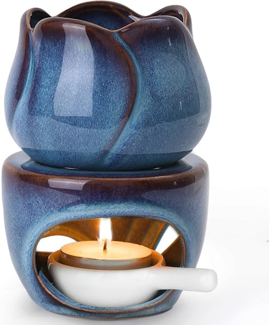 ComSaf Ceramic Essential Oil Burner, Reactive Glaze Aromatherapy Diffuser, 180ml Sculptural Wax Melt Warmer with Pull-Out Tea Light Tray, Artisan Pottery-Style Oil Warmer, Decorative Ambient Lighting