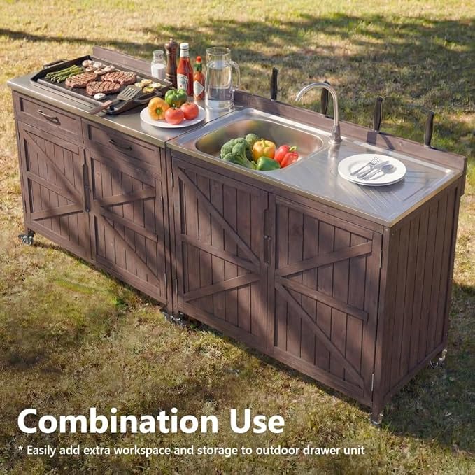 Outdoor Kitchen Island Set, 2 Piece Modular Solid Wood Set, 304 Sink Stainless Steel Station with Faucet, Drawer, 2 Door Shelves, Outdoor Storage Cabinet with Wheels for Backyard, Patio, Dark Brown