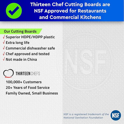 Thirteen Chefs Plastic Cutting Board - 18 x 12 x 0.5 Inch, Professional Grade HDPE, NSF Approved, Large Size and Dishwasher Safe