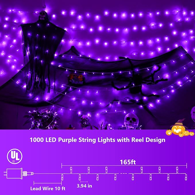 YEGUO 328ft 1000 LED Halloween Lights Outdoor Waterproof, Purple String Lights Indoor Plug in, 8 Modes Clear Wire Purple Lights for Halloween Holiday Home Tree Garden Patio Decor