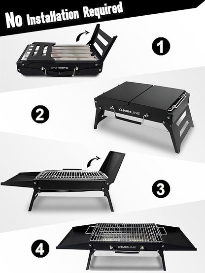 Charmline 15x11 inches Portable Charcoal Grill, Compact Portable BBQ Grill, Tabletop Charcoal Grills for Camping, Picnics, Gardens and Beach Parties, Black