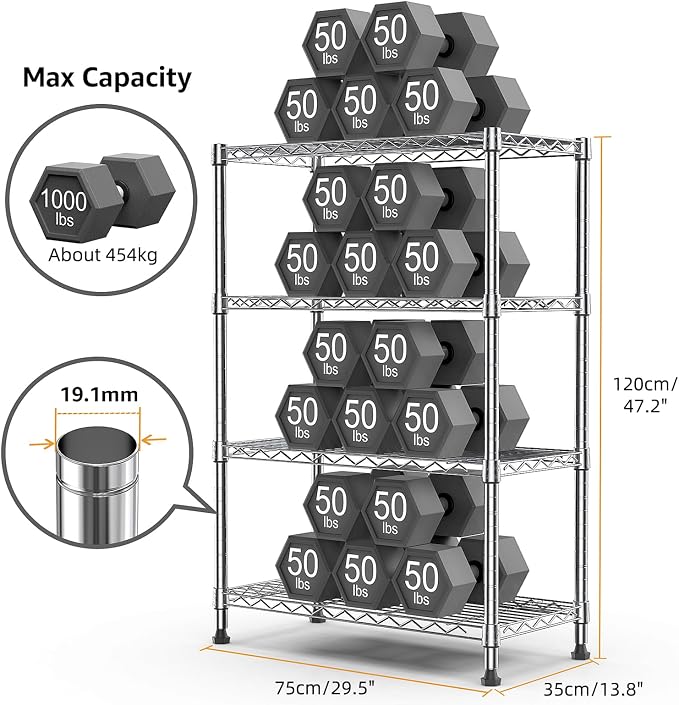 M MZG 1000 lbs Storage Shelving Steel Heavy Duty 4-Tier Utility Shelving Unit Steel Organizer Wire Rack for Home,Kitchen,Office,Chrome (13.7" D x 29.5" W x 47.2" H)