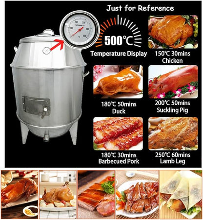 INTBUYING Commercial Duck Roaster Oven Charcoal Roast Duck Oven 31.5x31.5x53in Stainless Steel BBQ Grill for Peking Duck, Chicken, Turkey, Pork, Lamb, 0-500°C, Restaurant-Grade Roasting Machine