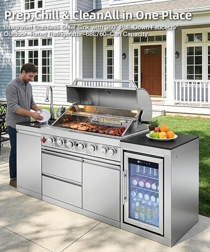 Outdoor Kitchen Island Barbecue Grill with Refrigerator & Rotisserie, Heavy-Duty Stainless Steel Freestanding Grills Station, Weather-Resistant Cooking Cabinet for Backyard & Summer Propane Gas