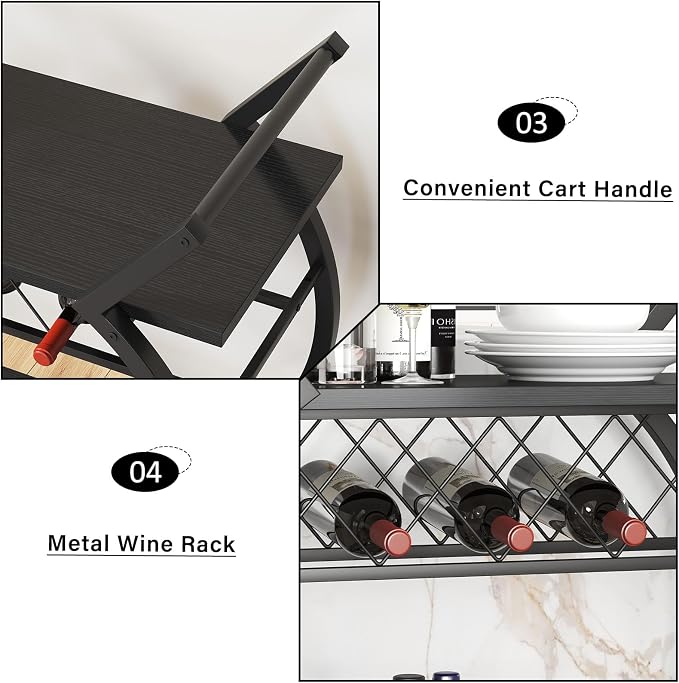 LVB Black Bar Cart with Wheels, Industrial Wine Cart with Storage for Home | Modern Bar Cart with Wine Rack, Beverage Rolling Kitchen Serving Cart, Wooden Microwave Drink Liquor Cart for Dining Room