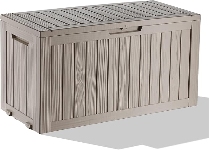 PatioZen 75 Gallon Large Deck Box,Resin Outdoor Storage Box with Lockable for Patio Furniture, Pool Accessories, Garden Tools Waterproof Outside Storage Box, Grey
