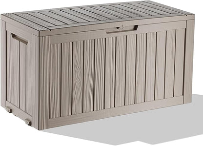 ROJIK 90 Gallon Waterproof Outdoor Deck Storage Box, Lockable Resin Patio Storage Bin with Lid for Garden Tools, Patio Cushions & Outdoor Accessories(Grey)
