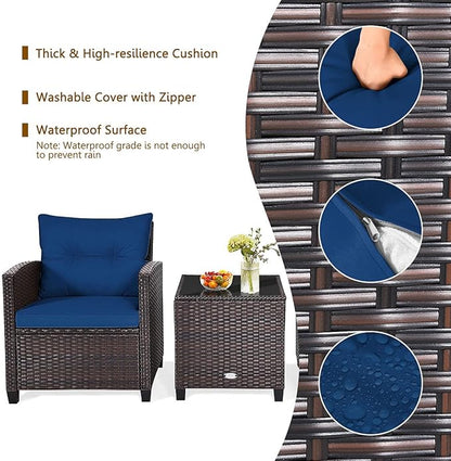 HAPPYGRILL 3 Pieces Patio Conversation Set, Outdoor Furniture Set PE Rattan Sofa Set with Removable Cushions, PE Wicker Chairs with Tempered Glass Side Table for Porch Lawn Garden Balcony Backyard
