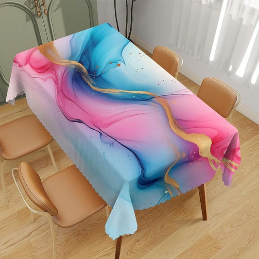 Marble Decorative Rectangle Table Cloth Golden Pink Blue Alcohol Ink Abstract Art Rectangle Tablecloth Picnic Table Cover BBQ Table Cloths Polyester for Kitchen Coffee 52" x 70" 4-6 Seats
