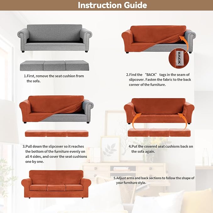 WEERRW 4 Pieces Couch Cover for Sofa Velvet Sofa Covers Washable, Pumpkin | Sofa Covers for 3 Cushion Couch Furniture Protector Sofa Slipcovers with Non Slip Elastic Bottom, Pet Friendly, Large