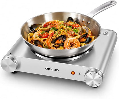 Electric Stove, CUSIMAX Portable Hot Plate for Countertop, Single Cast Iron Burner, 1500 Watts 7-Stage Temperature Control, Suitable for Any Cookware, Easy to Clean