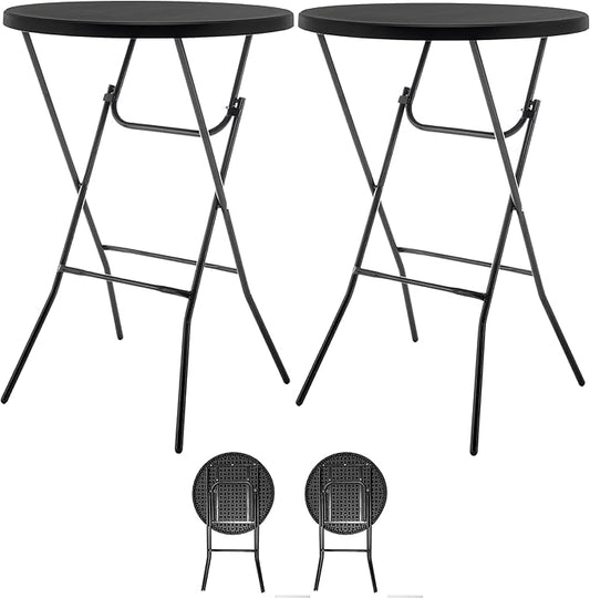 BTEXPERT Set of 2, Black 2.63 Foot Round Plastic Bar Height Folding Table Indoor Outdoor Accessory for Patio Backyard Dining Wedding Party Events Home Kitchen