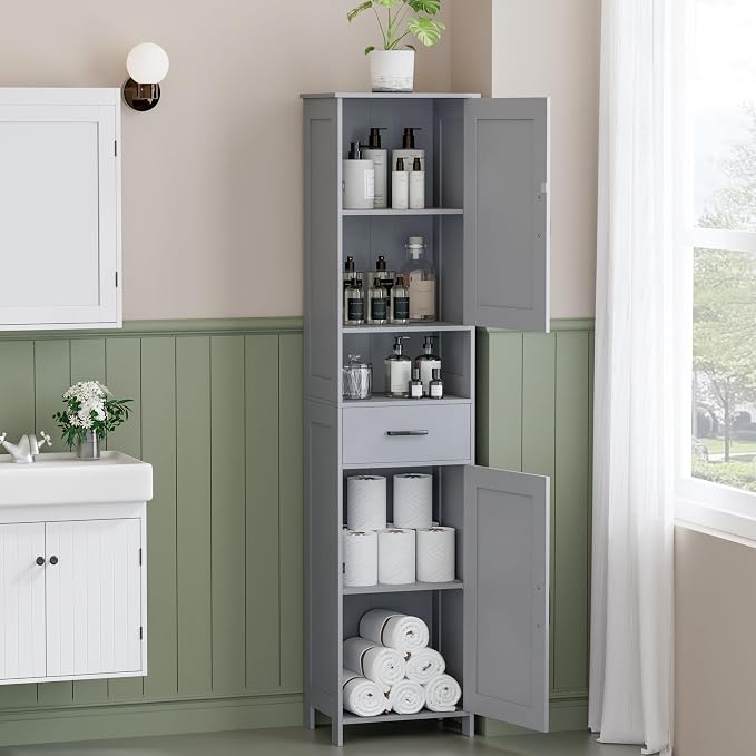 Homhedy 67" H Tall Bathroom Storage Cabinet with Barn Doors and Drawer | Narrow Storage Unit with Adjustable Shelves, Floor Cabinet for Bathroom, Living Room, Entryway or Kitchen, Gray, 15.7" W