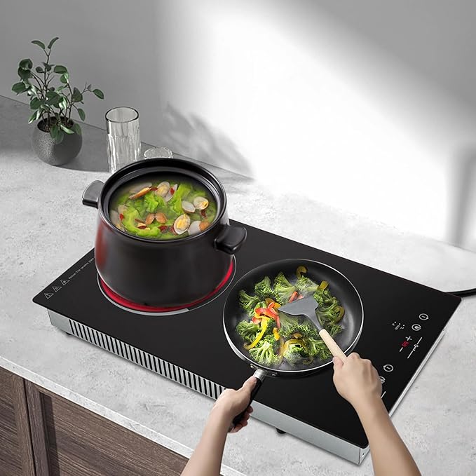 2 Burner Electric Stove - 20 Inch Portable Cooktop with LED Display, Child Safety Lock and Timer, 1500W 9 Power Level Ceramic Cooktop