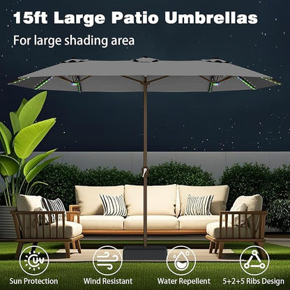 AreShark 15FT Large Rectangular Patio Umbrella with Solar Lights, Gray | Rectangle Lighted Outdoor Umbrella with Crank, Double-Sided Market Umbrella with Base for Porch, Lawn, Pool, Backyard