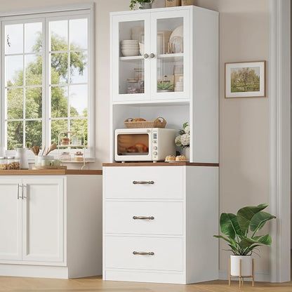 71“ Tall Kitchen Pantry Storage Cabinet with Microwave Stand, Buffet Kitchen Hutch with Shelves and Drawers, Wood Coffee Bar Pantry Cabinet with Glass Doors, for Dining Room/Small Space, White