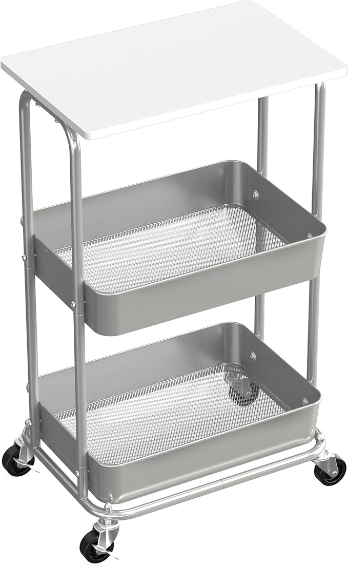 Simple Houseware 2-Tier Rolling Utility Cart Wood Top/Lockable Wheel, White | Metal Storage Organizer Trolley for Kitchen, Bathroom, Office, Craft Room