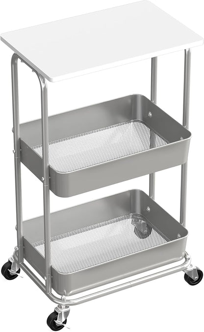 Simple Houseware 2-Tier Rolling Utility Cart Wood Top/Lockable Wheel, White | Metal Storage Organizer Trolley for Kitchen, Bathroom, Office, Craft Room
