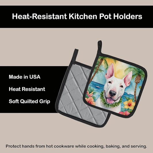 Caroline's Treasures English Bull Terrier Luau Pair of Pot Holders Kitchen Heat Resistant Pot Holders Sets Oven Hot Pads for Cooking Baking BBQ, 7 1/2 x 7 1/2