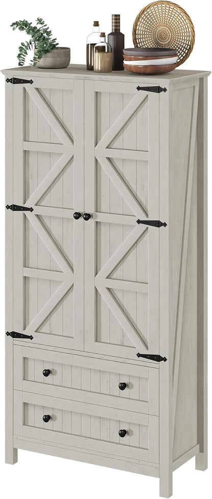 YITAHOME 64.5" Farmhouse Pantry Cabinet with 2 Drawers & Shelves, White | Tall Storage Cupboard for Living Room, Kitchen, and Hallway