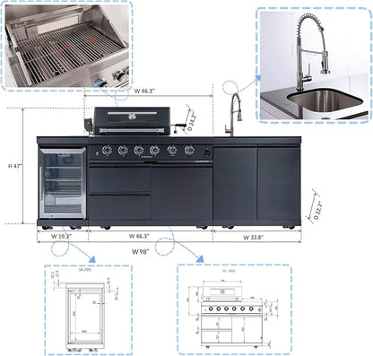 98-Inch Modular Propane Outdoor Kitchen Island, All-in-One Patio BBQ Grill with Refrigerator, Sink & Storage for Backyard Lawn, Black