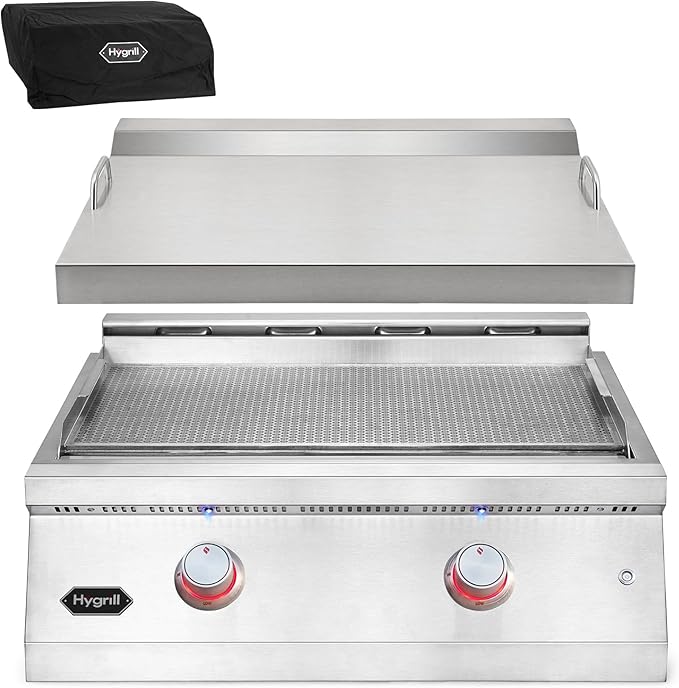 Hygrill 30-Inch Premium Built-In Natural Gas Griddle for Outdoor Kitchen, Durable 304 Stainless Steel 2-Burner Flat Top Grill with Lid and LED lights
